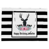 Schwarzer Hirschkopf mit rosa Blume und Berge Große Geschenktüte (Rückseite)