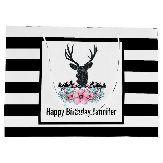 Schwarzer Hirschkopf mit rosa Blume und Berge Große Geschenktüte (Rückseite)