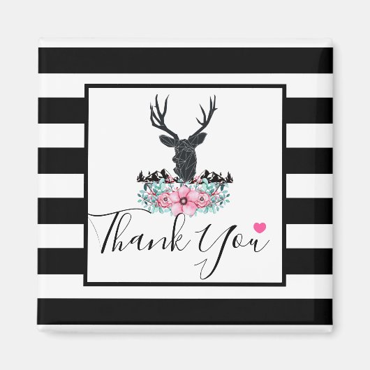 Schwarzer Hirschkopf mit rosa Blume und Berge Magnet (Vorne)