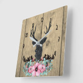 Schwarzer Hirschkopf mit rosa Blume und Berge Quadratische Wanduhr (Winkel)