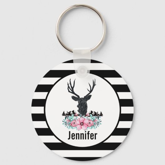 Schwarzer Hirschkopf mit rosa Blume und Berge Schlüsselanhänger (Vorderseite)