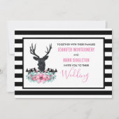 Schwarzer Hirschkopf mit rosa Blume und Hochzeit Einladung (Vorderseite)