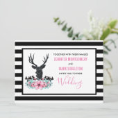 Schwarzer Hirschkopf mit rosa Blume und Hochzeit Einladung (Stehend Vorderseite)