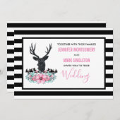Schwarzer Hirschkopf mit rosa Blume und Hochzeit Einladung (Vorne/Hinten)