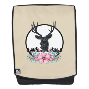 Schwarzer Hirschkopf mit rosa Blumen und Bergen Rucksack