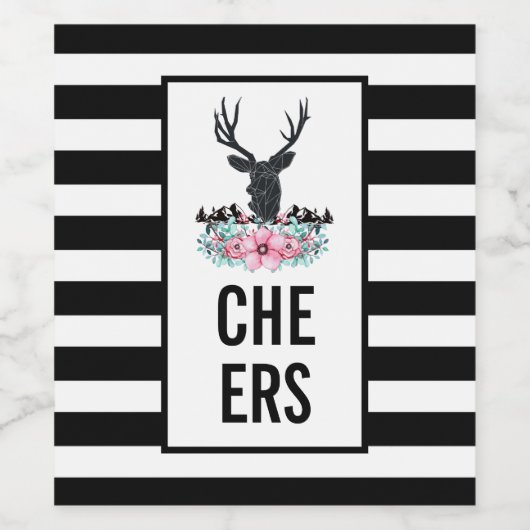 Schwarzer Hirschkopf mit rosafarbenen Blume & Gebi Weinetikett (Einzelnes Label)