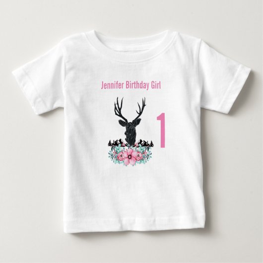 Schwarzer Hirschkopf Rosa Blume & Gebirge Geburtst Baby T-shirt (Vorderseite)