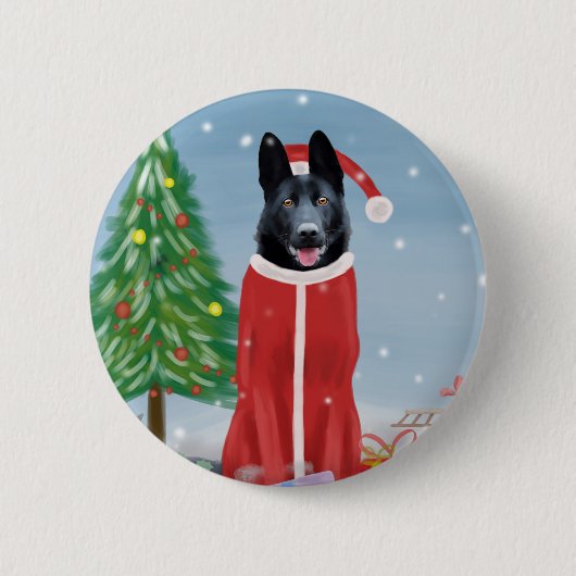 Schwarzer Hirte Hund in Schnee Weihnachtsgeschenke Button (Vorderseite)