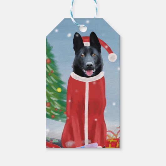 Schwarzer Hirte Hund in Schnee Weihnachtsgeschenke Geschenkanhänger (Vorderseite)