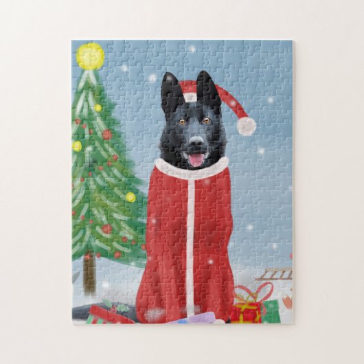 Schwarzer Hirte Hund in Schnee Weihnachtsgeschenke Puzzle (Vertikal)