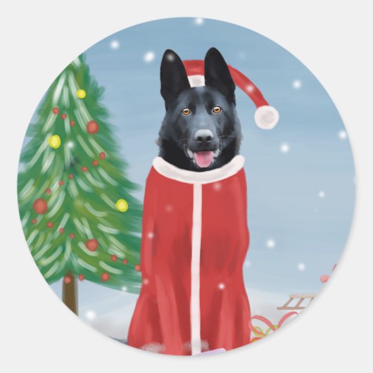 Schwarzer Hirte Hund in Schnee Weihnachtsgeschenke Runder Aufkleber (Vorderseite)