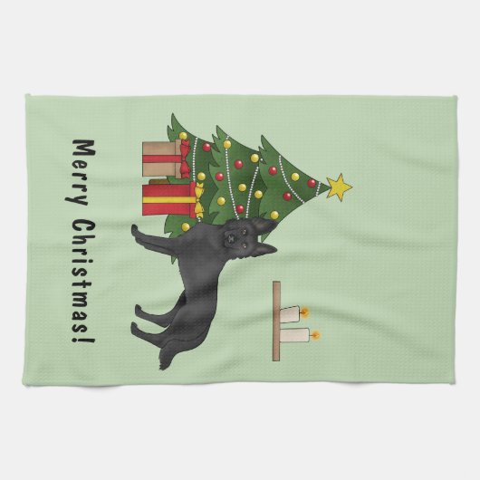 Schwarzer Hirte und Weihnachtsbaum Geschirrtuch (Horizontal)