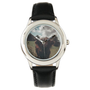 Schwarzer Hochland Schottische Kuh Weiden Vintag R Armbanduhr