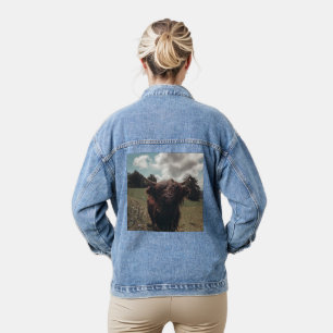 Schwarzer Hochland Schottische Kuh Weiden Vintag R Jeansjacke