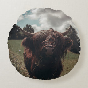 Schwarzer Hochland Schottische Kuh Weiden Vintag R Rundes Kissen