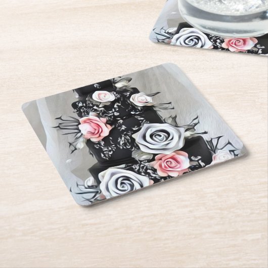 Schwarzer Hochzeitskuchen mit Rose Rechteckiger Pappuntersetzer (angewinkelt)
