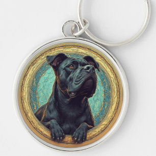 Schwarzer Hund, gerahmt von kunstvoller künstleris Schlüsselanhänger