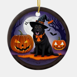 Schwarzer Hund in HexenkKostüm mit Pumpkins Keramik Ornament