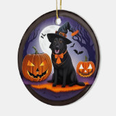 Schwarzer Hund in HexenkKostüm mit Pumpkins Keramik Ornament (Links)