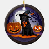 Schwarzer Hund in HexenkKostüm mit Pumpkins Keramik Ornament (Hinten)
