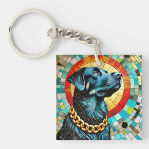 Schwarzer Hund mit Buntglas-Hintergrund Schlüsselanhänger