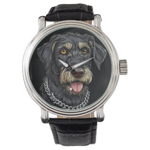 Schwarzer Hund mit Kettenhalsband Armbanduhr