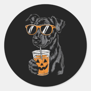 Schwarzer Hund mit Kürbisgetränk-Sonnenbrille für Runder Aufkleber
