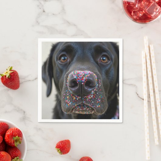 Schwarzer Hund mit Sprinklen an der Nase Serviette (Beispiel)