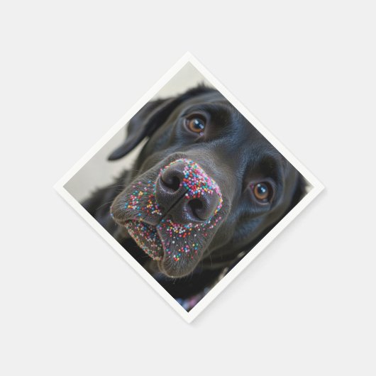 Schwarzer Hund mit Sprinklen an der Nase Serviette (Ecke)