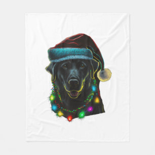 Schwarzer Hund Weihnachtsleuchten Weihnachtsmannmü Fleecedecke