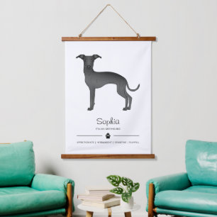 Schwarzer Italienischer Windhund mit Pfote und ind Wandteppich Mit Holzrahmen