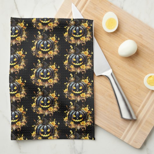 Schwarzer Jack-O' Lantern Pattern Halloween Geschirrtuch (Viertel Falte)