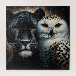 Schwarzer Jaguar und Schneeeule - Augen des Wildni Puzzle