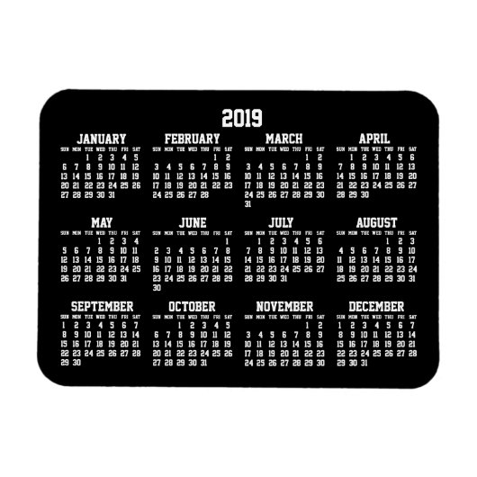 Schwarzer Jahreskalender 2019 Kleine flexible Magn Magnet (Horizontal)