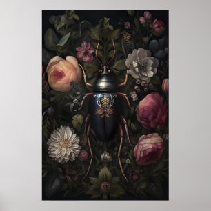 Schwarzer Käfer im dunklen Blumengarten, melanchol Poster