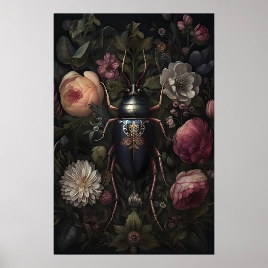 Schwarzer Käfer im dunklen Blumengarten, melanchol Poster (Vorne)