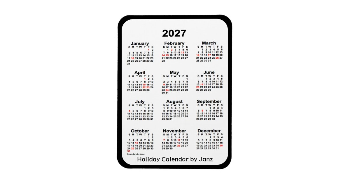 Schwarzer Kalender Des Feiertags 2027 Durch Janz Magnet Zazzle De