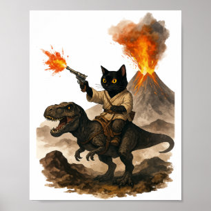 Schwarzer-Katze-Cowboy-reitet-Dinosaurier – Wasser Poster