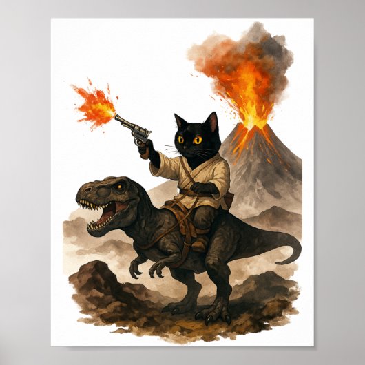 Schwarzer-Katze-Cowboy-reitet-Dinosaurier – Wasser Poster (Vorne)