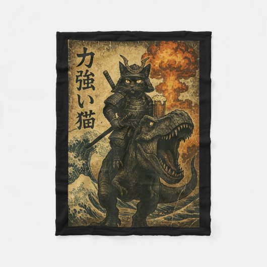 Schwarzer Katze Samurai Dinosaurier Meereswelle Fleecedecke (Vorderseite)