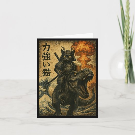 Schwarzer Katze Samurai Dinosaurier Meereswelle Karte (Vorderseite)