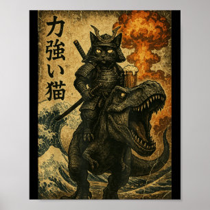 Schwarzer Katze Samurai Dinosaurier Meereswelle Poster