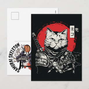 Schwarzer Katze Samurai Japanischer Krieger Vintag Feiertagspostkarte