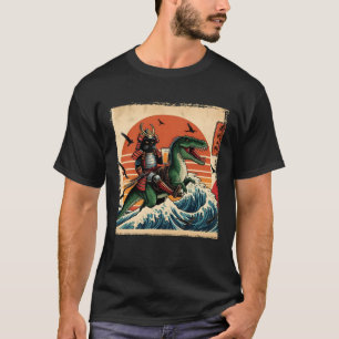 Schwarzer Katze Samurai Reitet Dinosaurier Große W T-Shirt