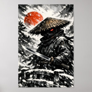 Schwarzer Katze Samurai Ronin Katana Winter Sonne  Poster