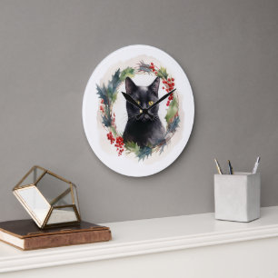 Schwarzer-Katze-Weihnachtskranz Festliche Katze Große Wanduhr