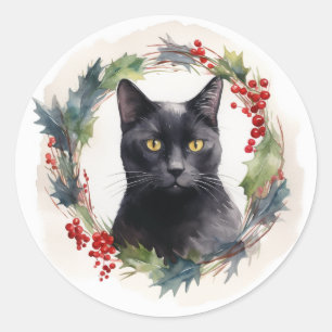 Schwarzer-Katze-Weihnachtskranz Festliche Katze Runder Aufkleber