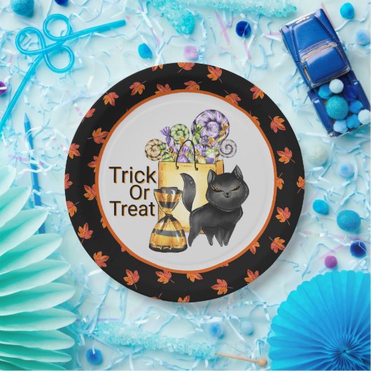 Schwarzer Katzen-Trick oder Behandlung Pappteller (Party)