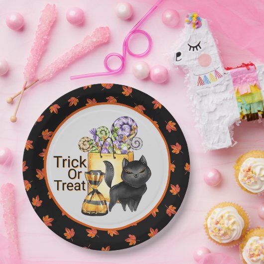 Schwarzer Katzen-Trick oder Behandlung Pappteller (Party)