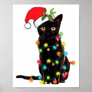 Schwarzer Katzen-Weihnachtsmann, verheddert in Wei Poster